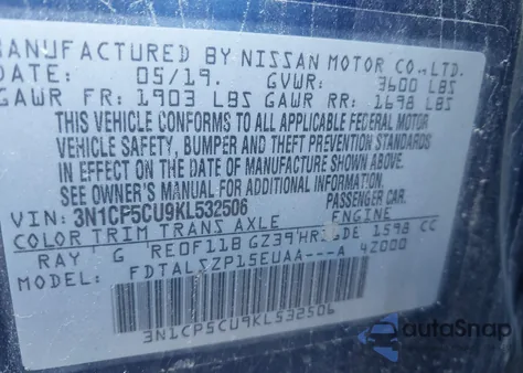 2019 Nissan Kicks Sv z USA, uszkodzony, nr VIN 3N1CP5CU9KL532506